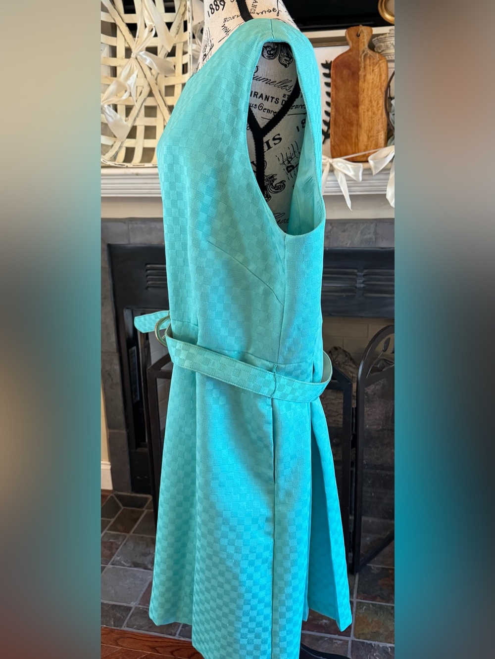 ASL Tahari Teal Aqua Blue Sleeveless Belted Pleated Fit Flare Cocktail Dress 20W - Picture 6 of 8